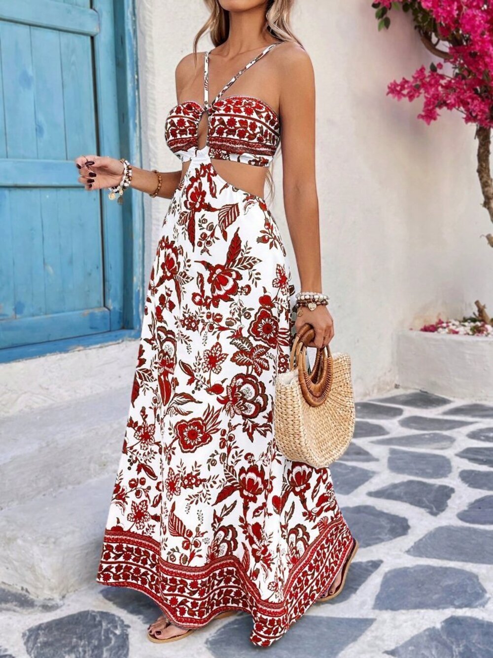 Red Boho Casual Women's Spaghetti Strap Floral A-Line Dress